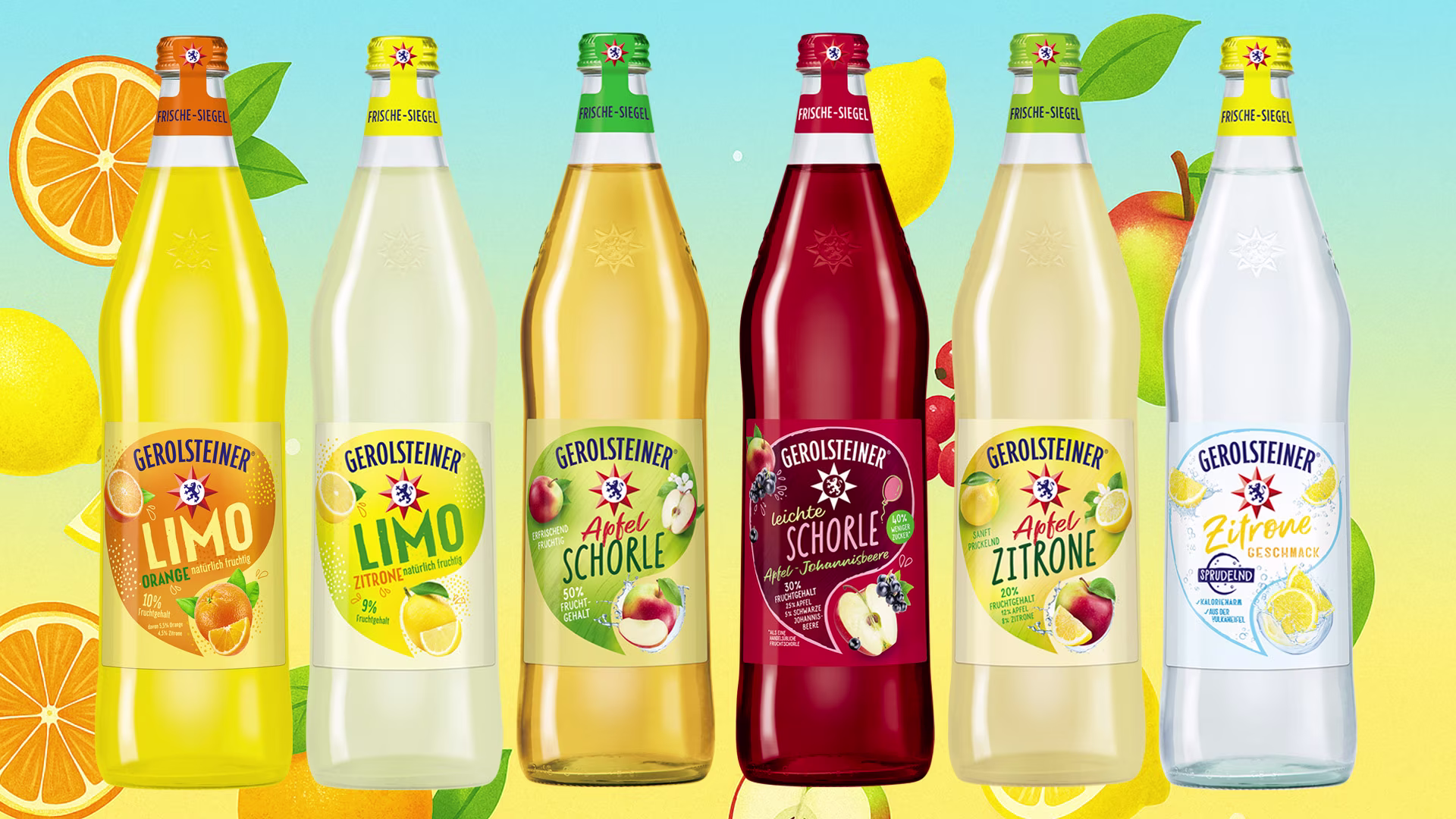 Frisdranken van Gerolsteiner in flessen van 0,75 liter: Limonades, spritzers en water met smaak tegen een kleurrijke fruitachtergrond.