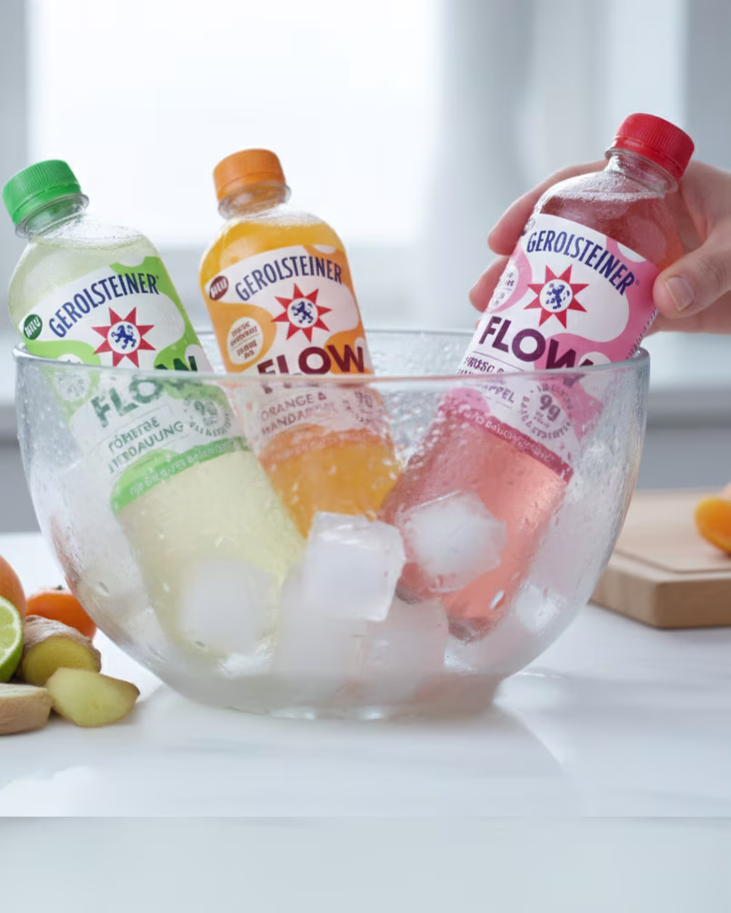 Drei Flaschen Gerolsteiner Flow in den Sorten Limette & Ingwer, Orange & Mandarine sowie Pfirsich & Granatapfel stehen gekühlt in einer Glasschale mit Eiswürfeln. Im Vordergrund liegen frische Früchte wie Limette, Ingwer und Pfirsich.