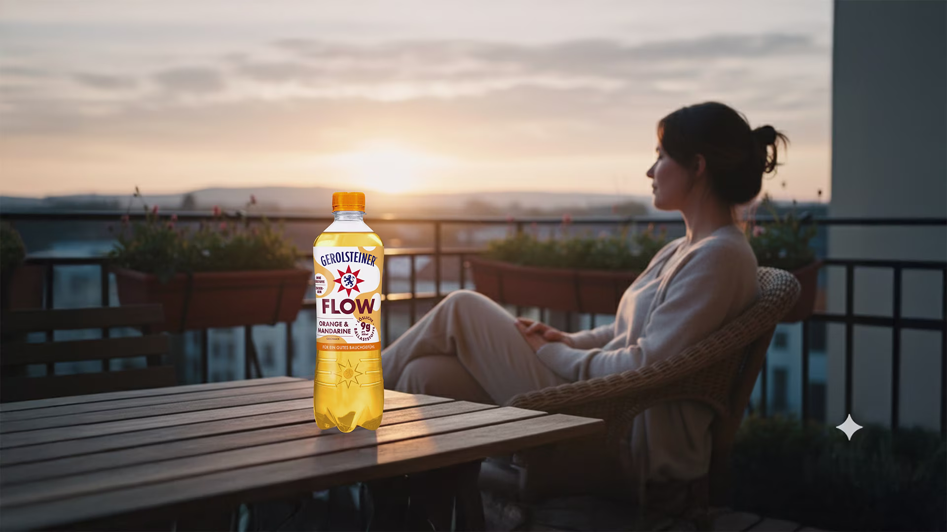 Alternativtext (max. 255 Zeichen): Eine Frau sitzt entspannt auf einem Balkon und blickt in den Sonnenuntergang. Auf dem Tisch vor ihr steht eine Flasche Gerolsteiner Flow Orange & Mandarine, deren goldenes Getränk im warmen Abendlicht leuchtet.