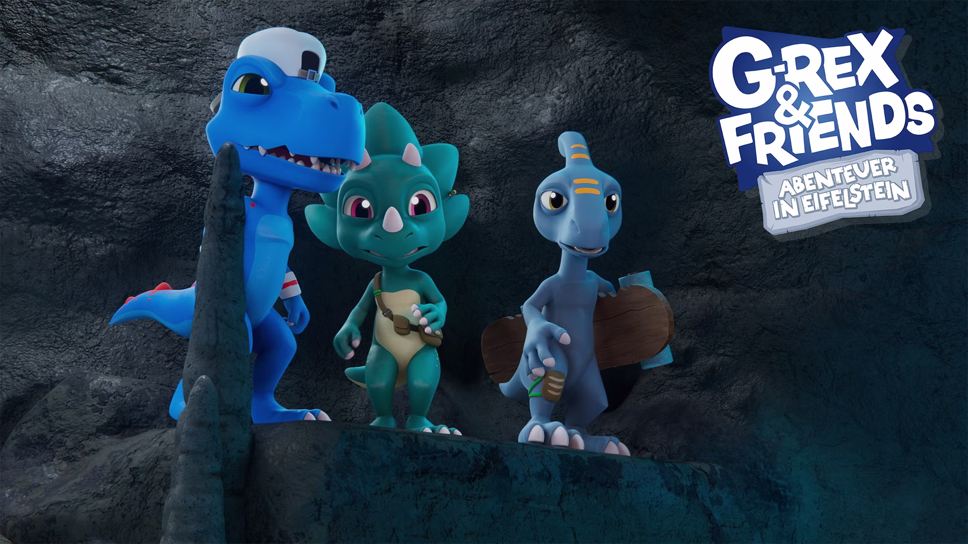 Drei animierte Dino-Charaktere – ein blauer T-Rex mit Cap, ein grüner Triceratops und ein schlanker Dino mit Surfbrett – stehen in einer dunklen Höhle. Rechts oben ist das Logo „G-Rex & Friends – Abenteuer in Eifelstein“ zu sehen.