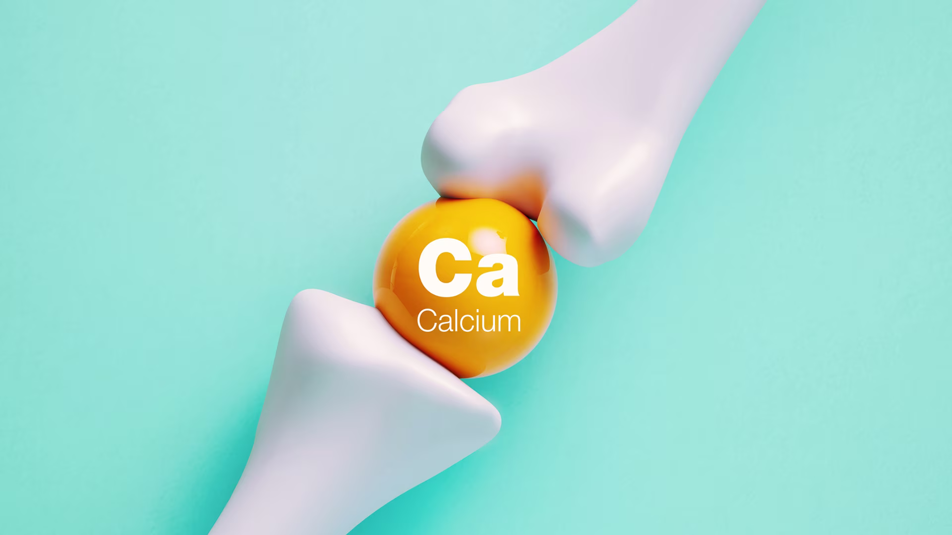 Illustration einer gelben Calcium-Kugel (Ca) zwischen zwei weißen Knochen vor türkisfarbenem Hintergrund als Symbol für starke Knochen und Knochengesundheit