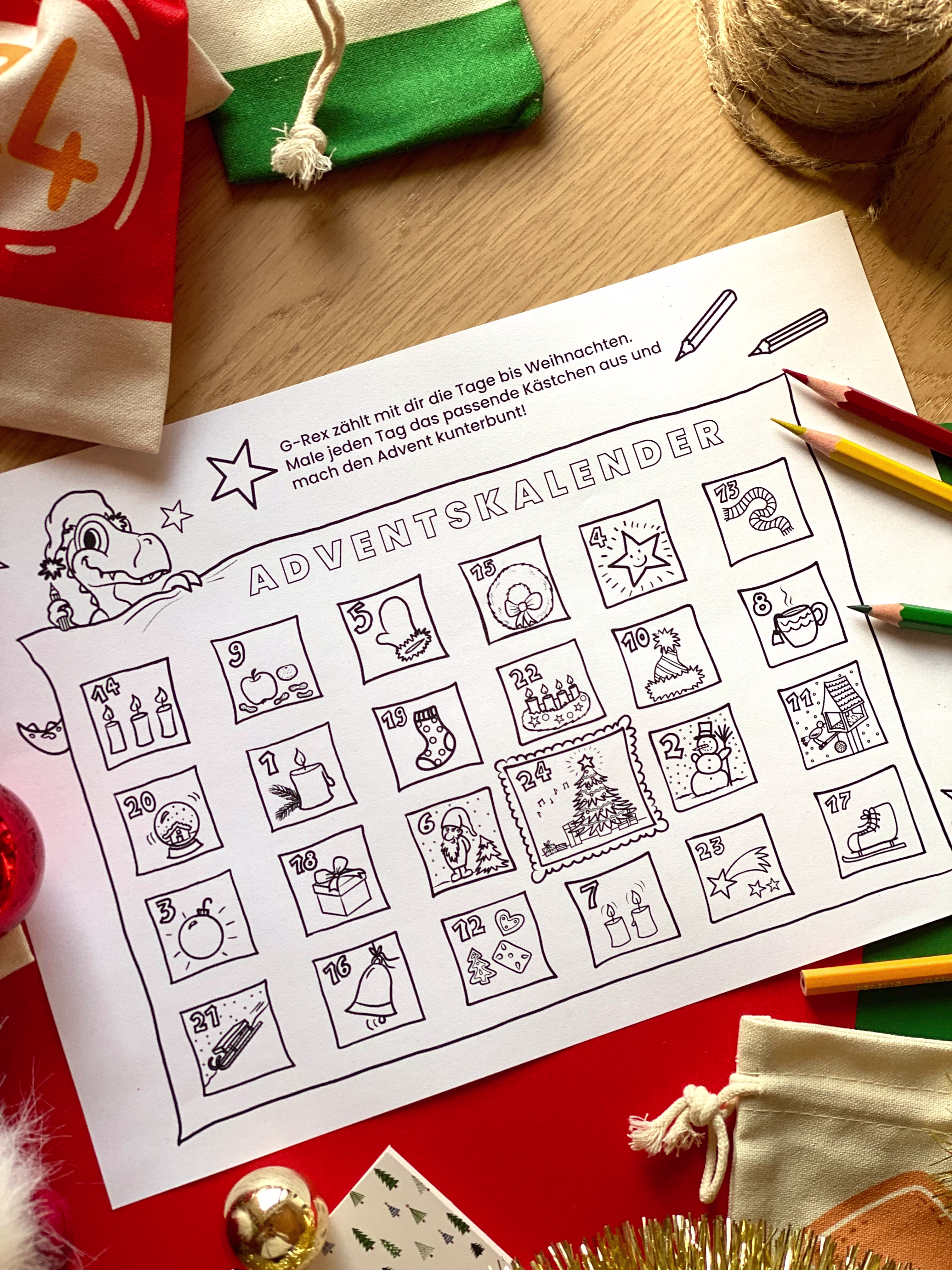 Adventskalender zum Ausmalen für Kinder mit Dino-Motiven
