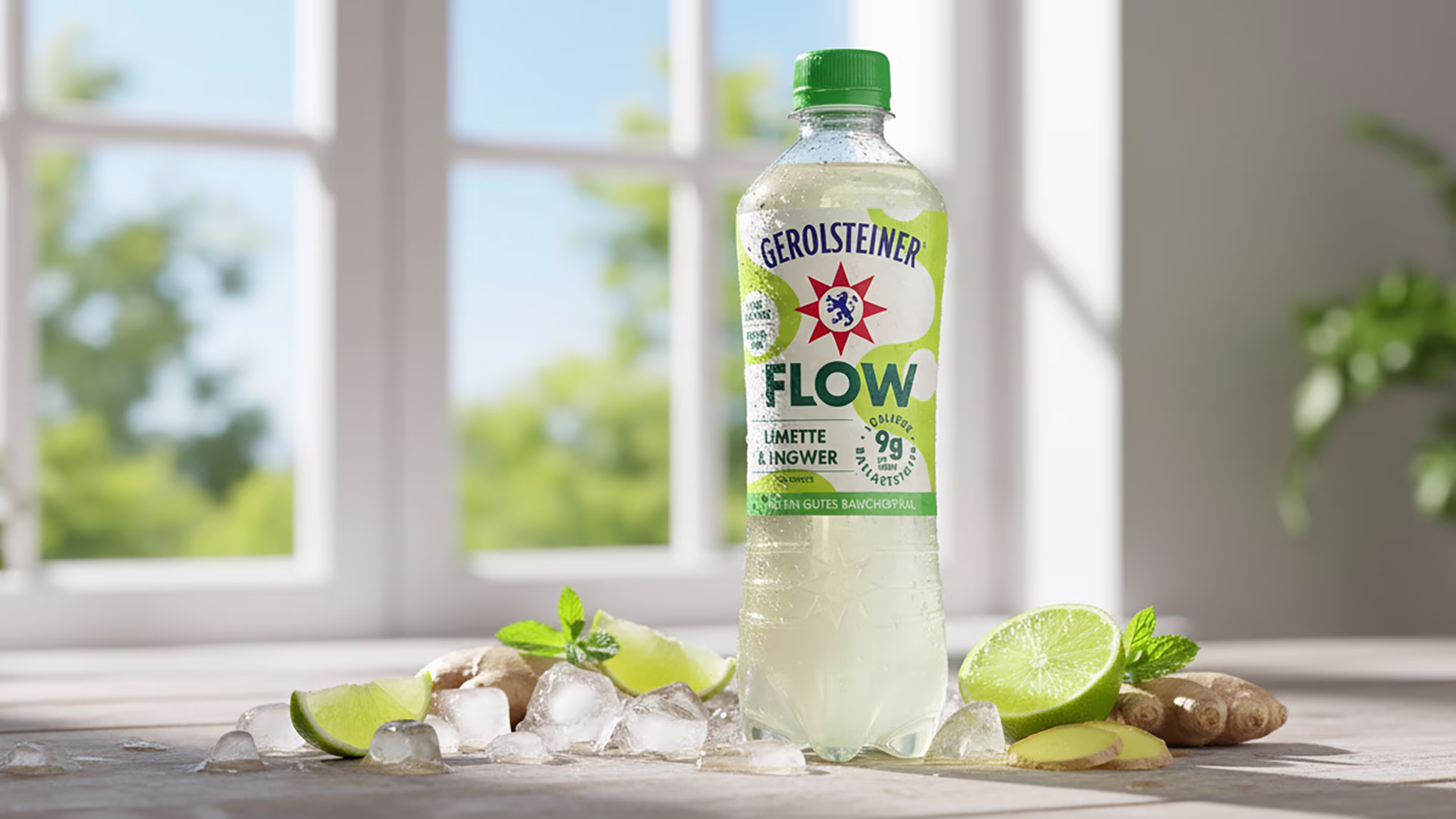 Eine Flasche Gerolsteiner Flow Limette & Ingwer steht auf einem Tisch mit Eiswürfeln, Limetten, Ingwerstücken und Minzblättern. Durch das Fenster fällt Sonnenlicht, das eine frische, sommerliche Stimmung erzeugt.