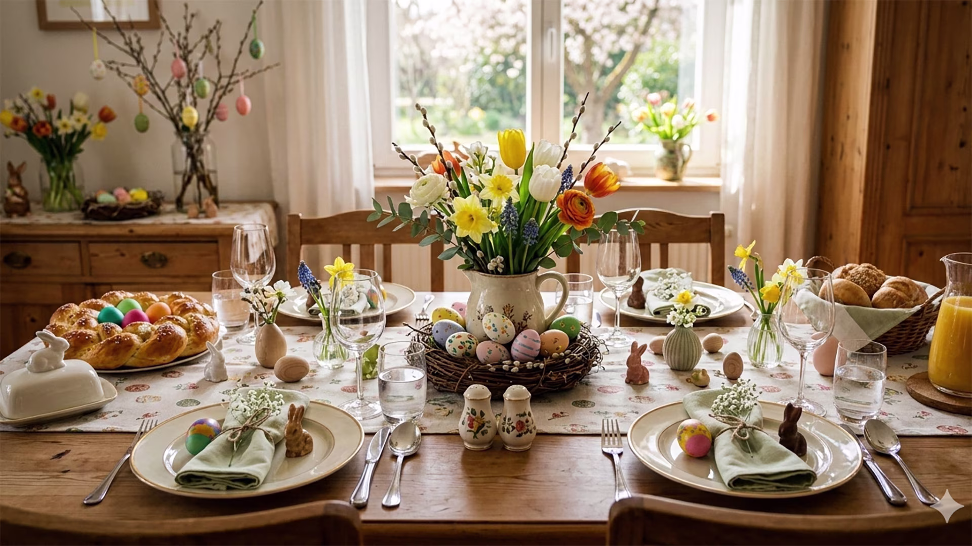 Ein festlich gedeckter Ostertisch mit Blumen, bunten Eiern und frühlingshafter Dekoration schafft eine warme und einladende Atmosphäre für gemeinsame Feiertage mit Familie und Freunden.