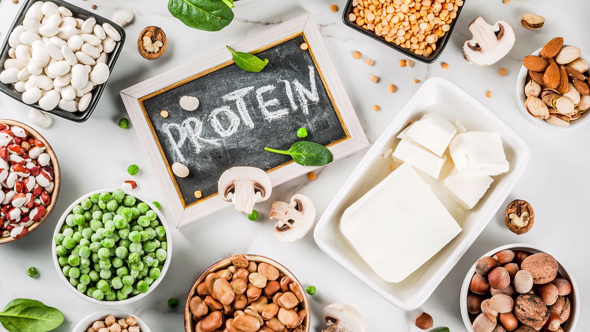 Verschiedene vegane Proteinquellen mit Hülsenfrüchten, Nüssen, Gemüse und Tofu auf hellem Untergrund