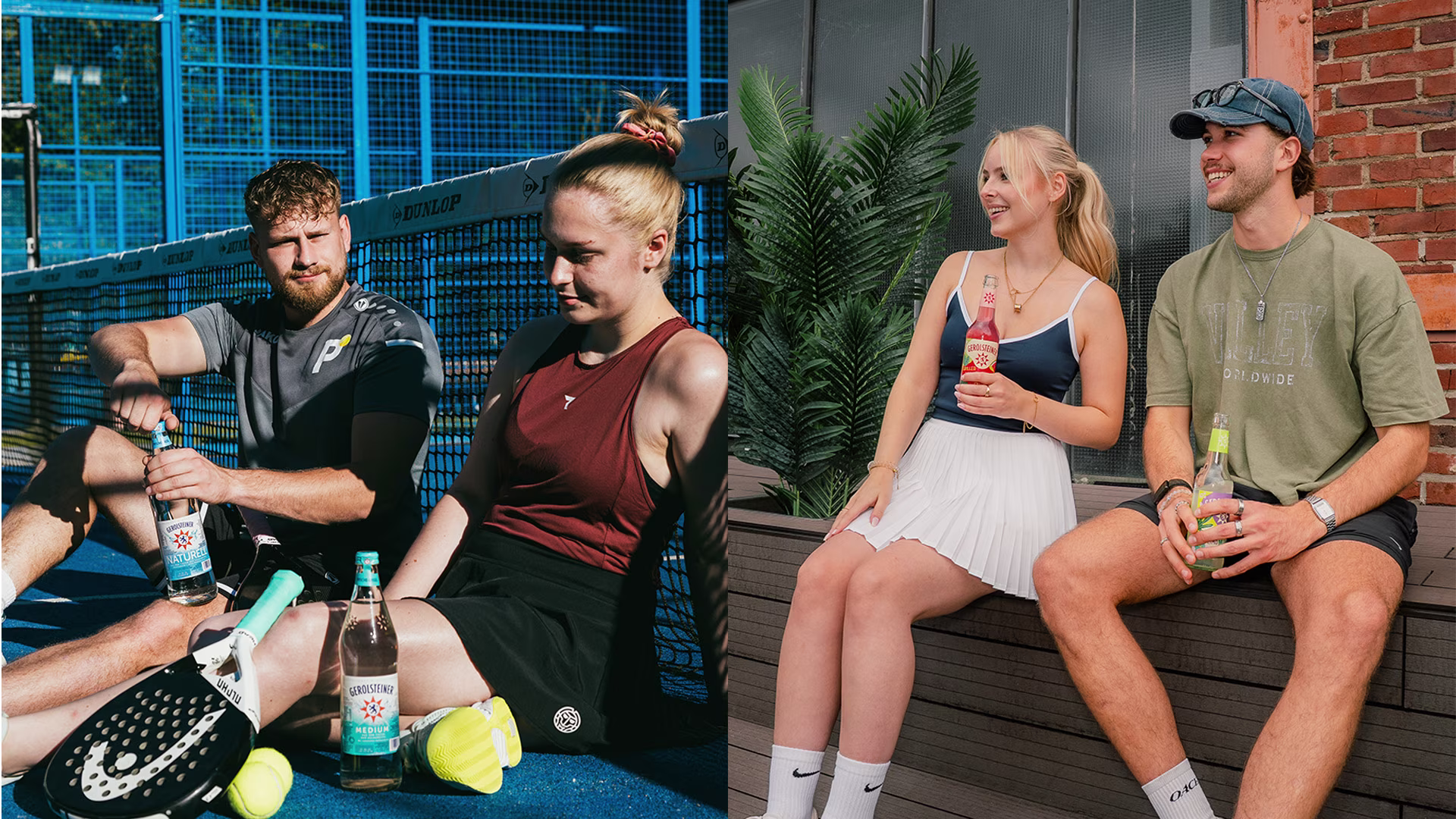 Zwei Bildmotive zeigen junge Erwachsene nach dem Padelspiel. Sie entspannen mit Gerolsteiner Getränken am Spielfeldrand und auf einer Terrasse und genießen gemeinsam eine erfrischende Pause nach dem Sport.