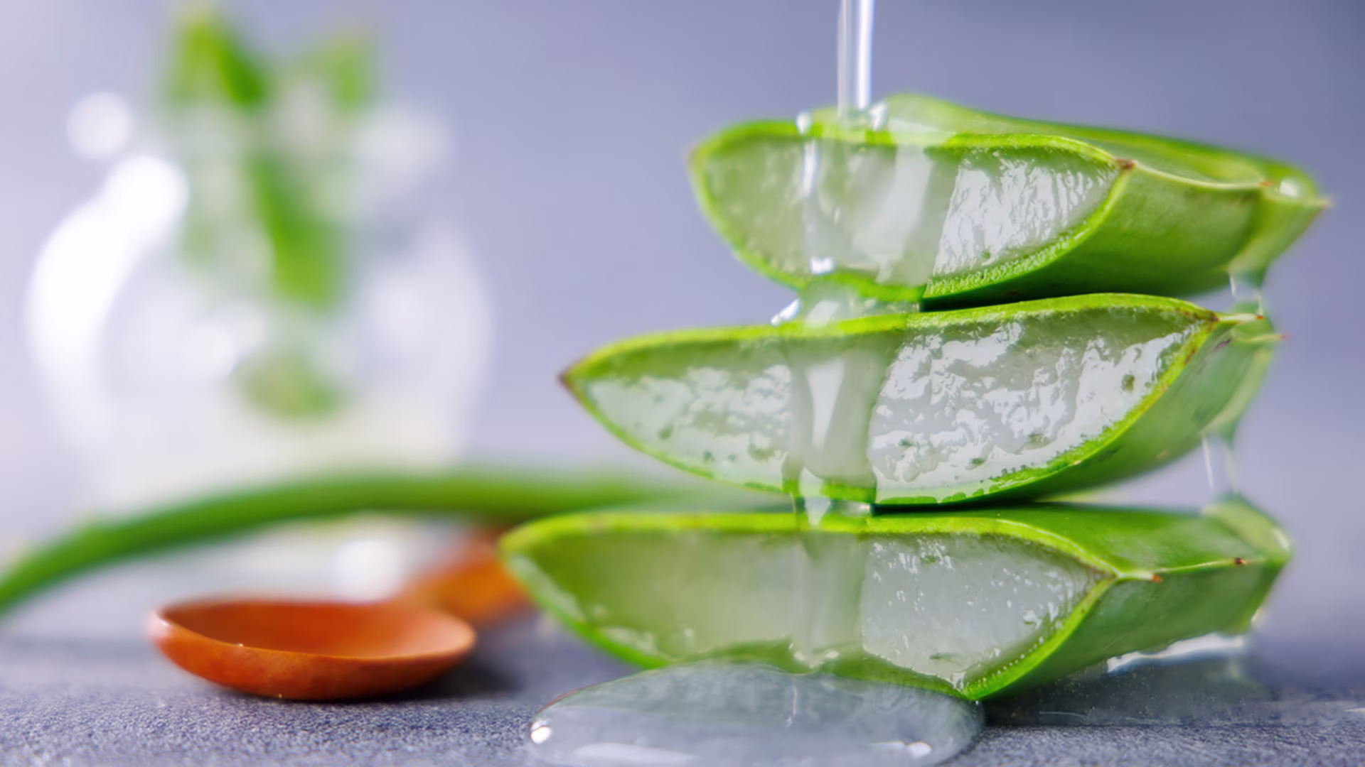 Aloe-Vera-Gel tropft aus frischen Aloe-Vera-Scheiben neben einem Löffel.