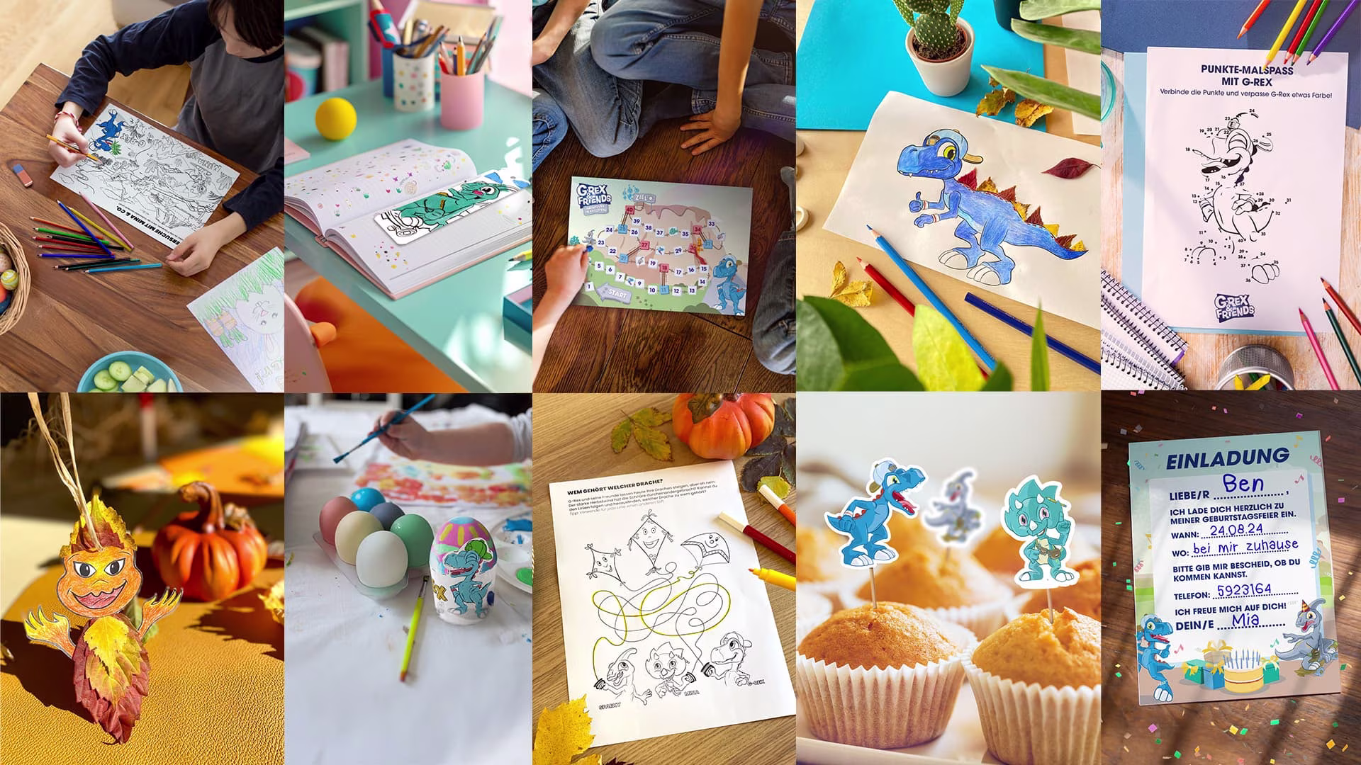 Collage aus verschiedenen Bastelvorlagen zum Basteln mit Kindern