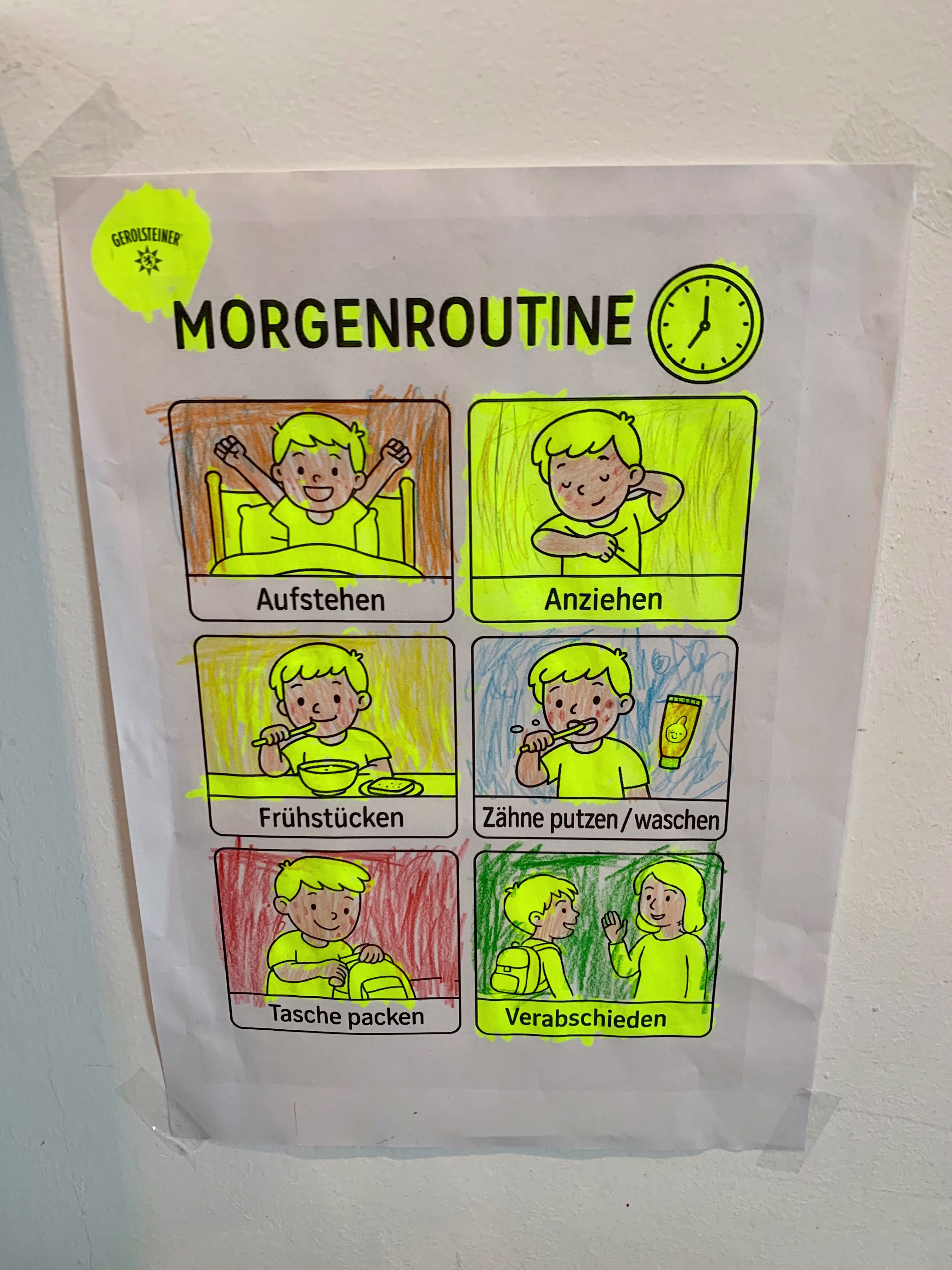Ausgemaltes Kinderposter mit sechs Schritten der Morgenroutine: Aufstehen, Anziehen, Frühstücken, Zähne putzen, Tasche packen und Verabschieden, jeweils mit bunt kolorierten Zeichnungen.