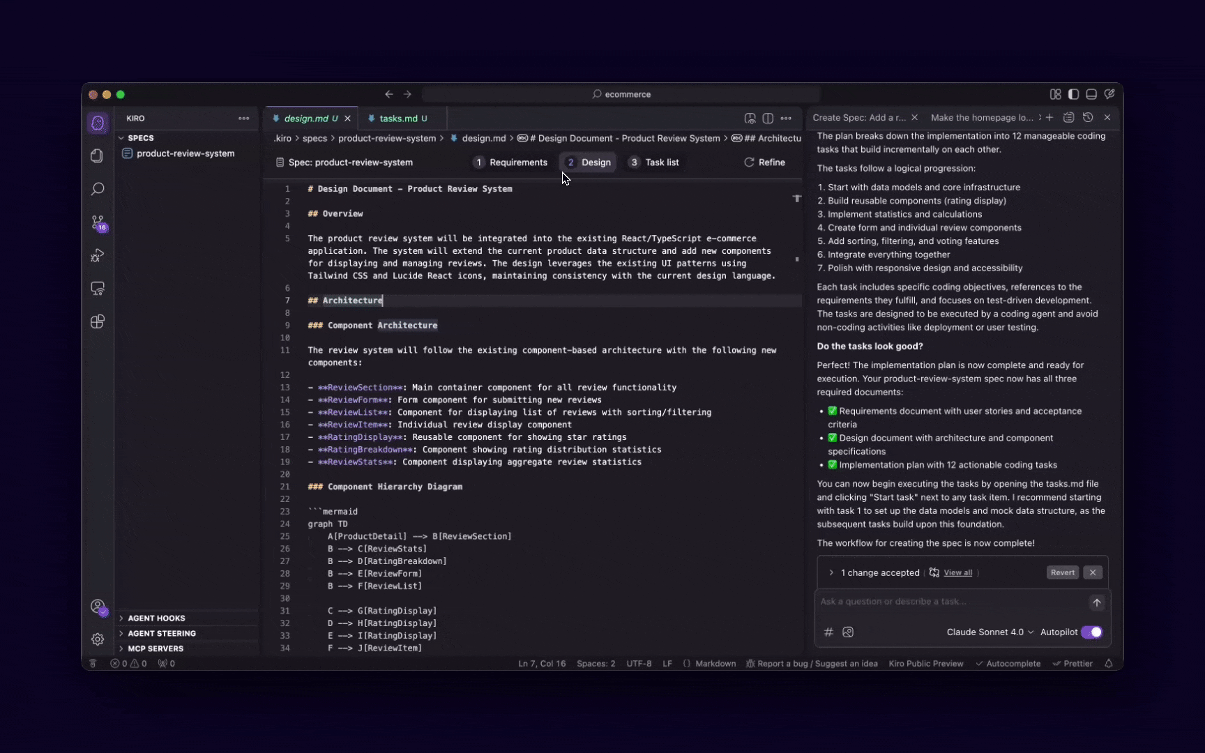 Kiro simplifies this entire process by autogenerating the tasks and sub-tasks, sequencing them in the right order, and linking each task back to requirements so nothing falls through the cracks. As you can see below, Kiro has thought of writing unit tests for each task, added loading states, integration tests for the interaction between products and reviews, and responsive design and accessibility.