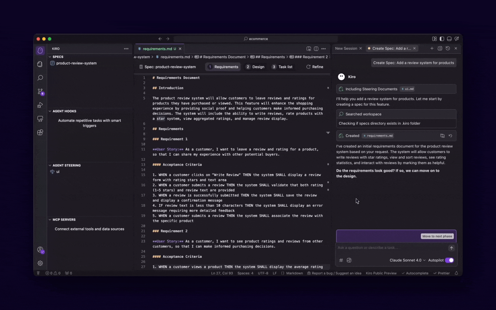 Kiro design specs with interfaces, mermaid and data flow diagrams