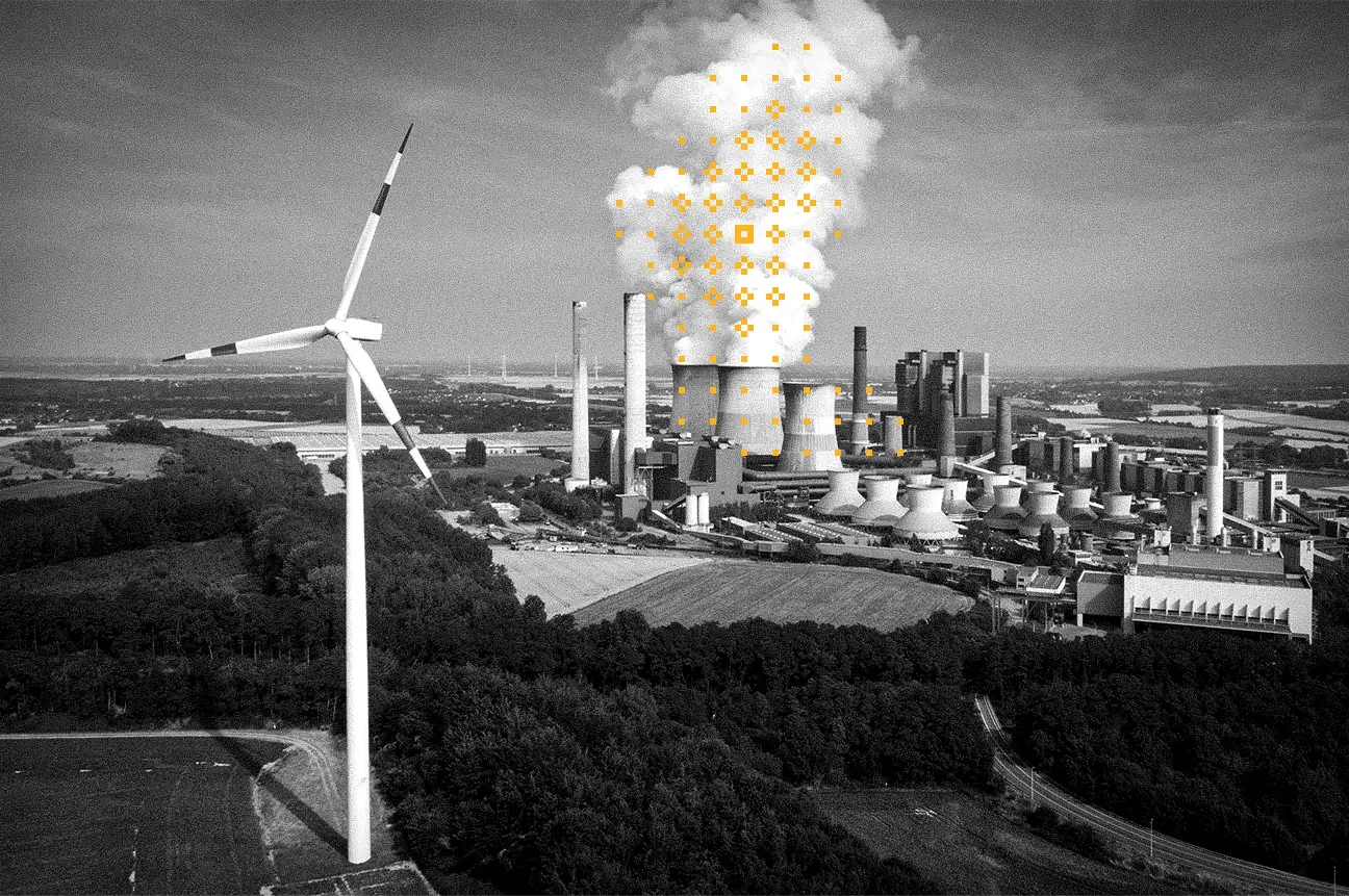 black and white photo of a wind farm next to a power plant blowing smoke into the air with yellow decorative glyphs on the smoke