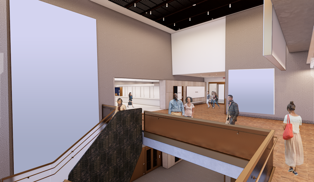 A digital rendering of the Hope and Change Lobby at the Obama Presidential center with stairs on one end and placeholders for artwork on the walls.