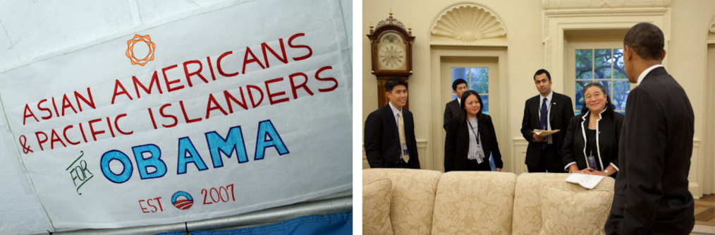 A collage photo of Barack Obama and Asian American people wearing suits and a poster that says Asian Americans & Pacific Islanders for Obama in red,white , and blue