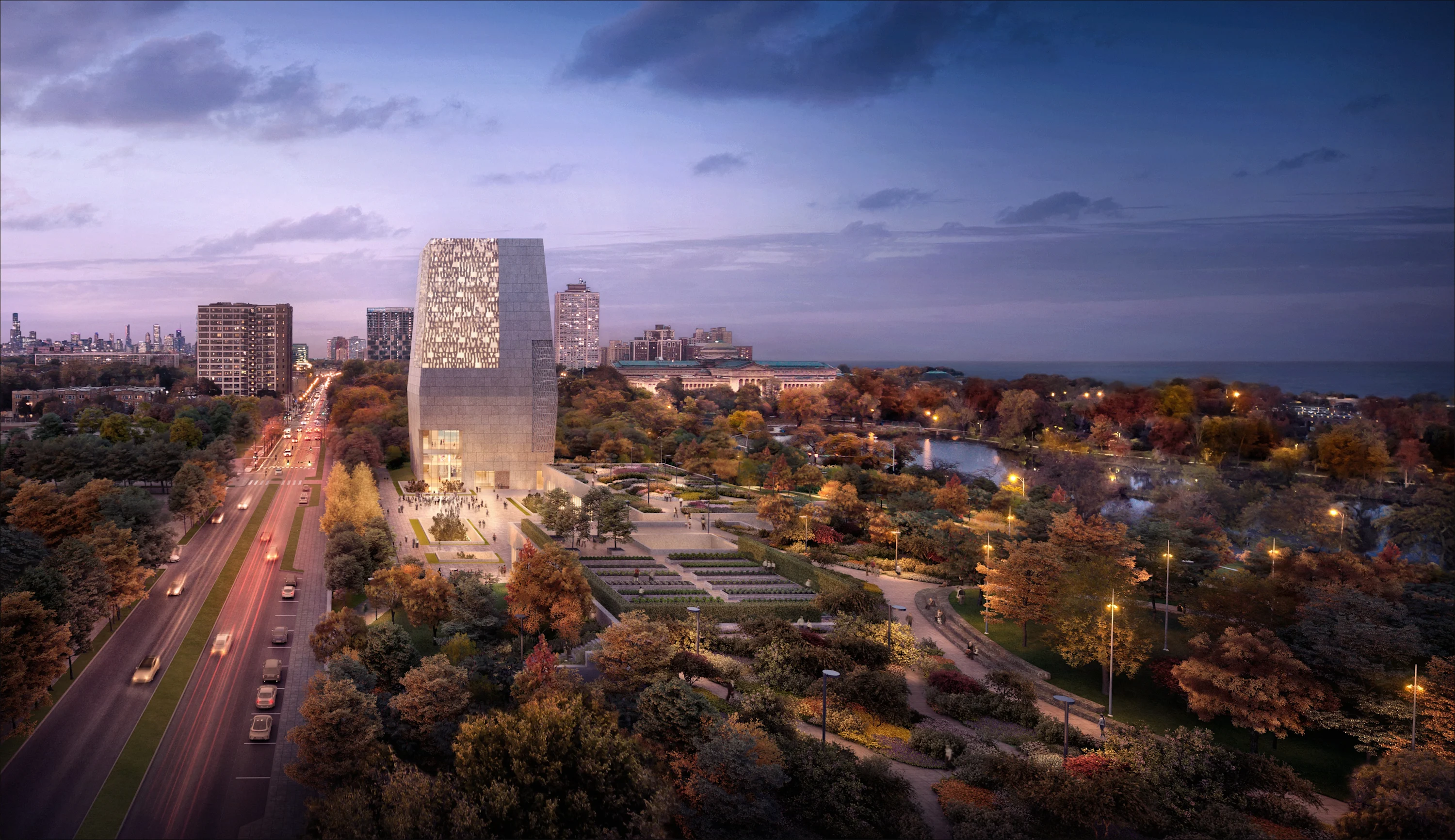 Rendering of the campus with museum building at dusk. 