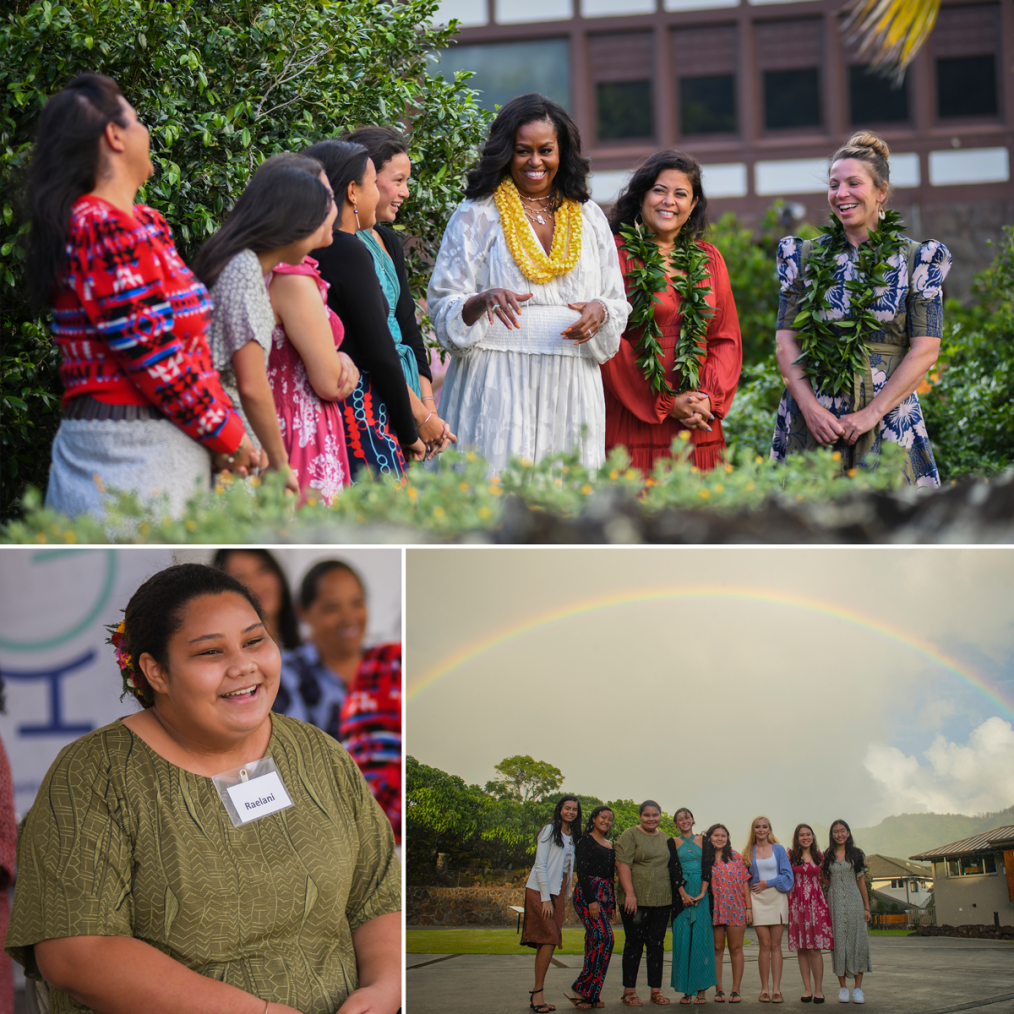 A three-photo collage. The photo on the bottom left of the collage is of a young girl with a medium skin tone wearing a green patterned blouse and a nametag that says "Raelani" sitting with people blurred in the background. The photo on the bottom right of the collage is of a group of young ladies with a medium skin tone standing in front of trees, a home, and a rainbow. The photo at the top of the collage is of First Lady Michelle Obama wearing a white dress standing and smiling amongst a few young ladies with medium skin tones in front of bushes. 