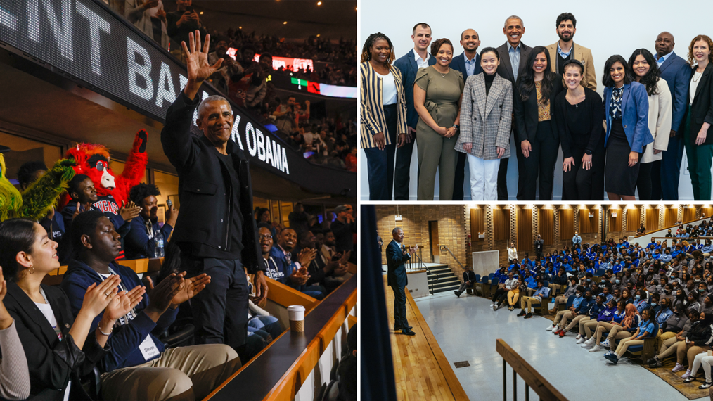 A three-photo collage. The photo left-hand side of the collage is of President Obama wearing a black shirt, jacket, and pants standing up and waving out to the crowd at a basketball game while young individuals of a variety of skin tones sit around him. The photo on the top right of the collage is of President Obama wearing a dark gray suit and blue button-up shirt standing amongst other individuals with a variety of skin tones wearing professional attire. The photo on the bottom right of the collage is of President Obama wearing a black suit holding a microphone and speaking to an auditorium full of young individuals. 