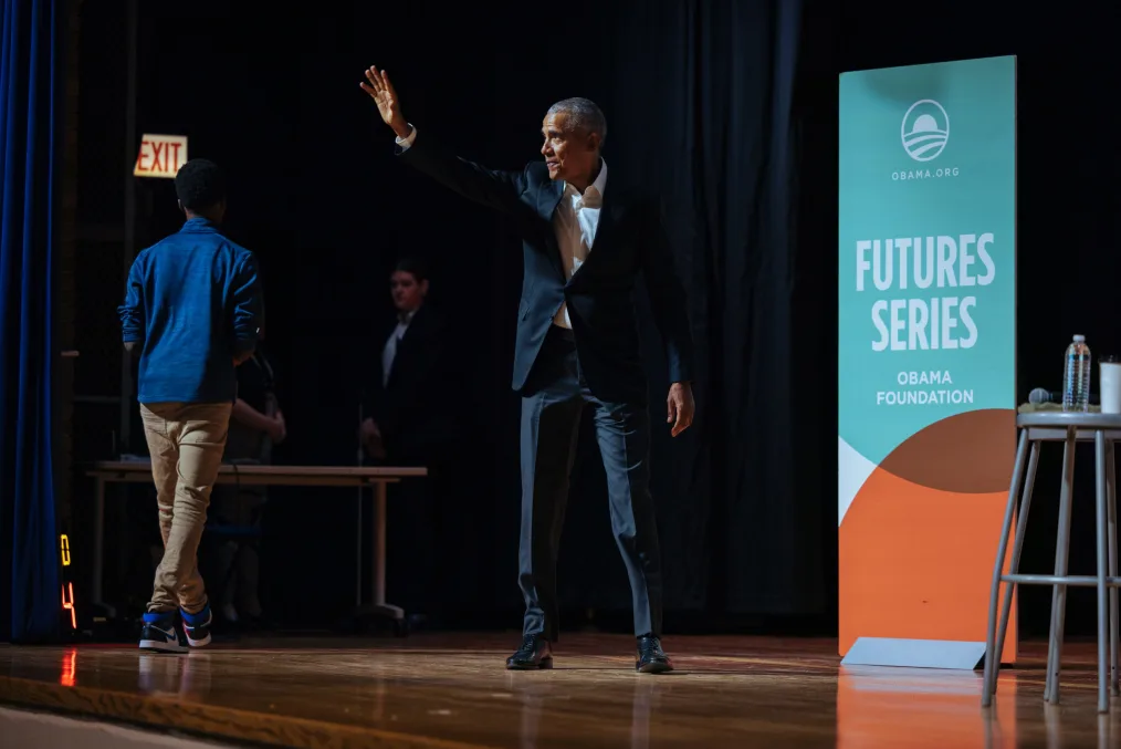 President Obama waving to the crowd at the Futures Series event