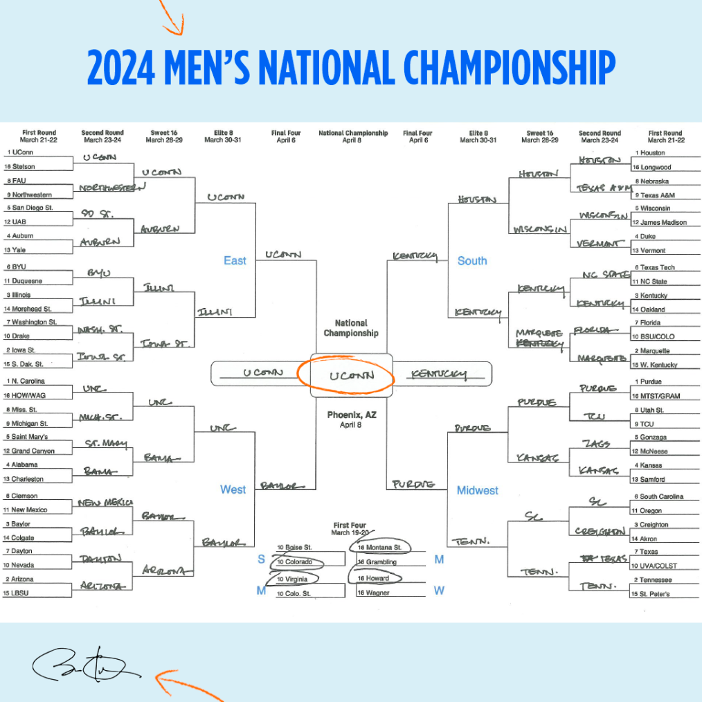  A completed 2024 NCAA Men’s National Championship bracket by President Obama. A blue header reads “2024 NCAA Men’s National Championship.” A signature of President Obama is at the bottom of the page.