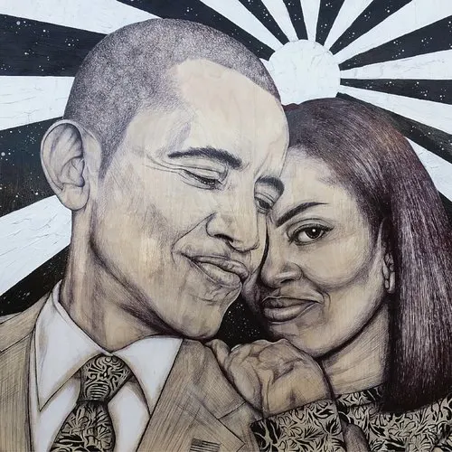 A painting of Barack and Michelle Obama.