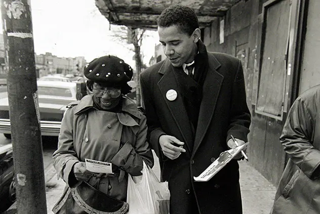 Barack Obama on the South Side gathering signatures for his nominating petition