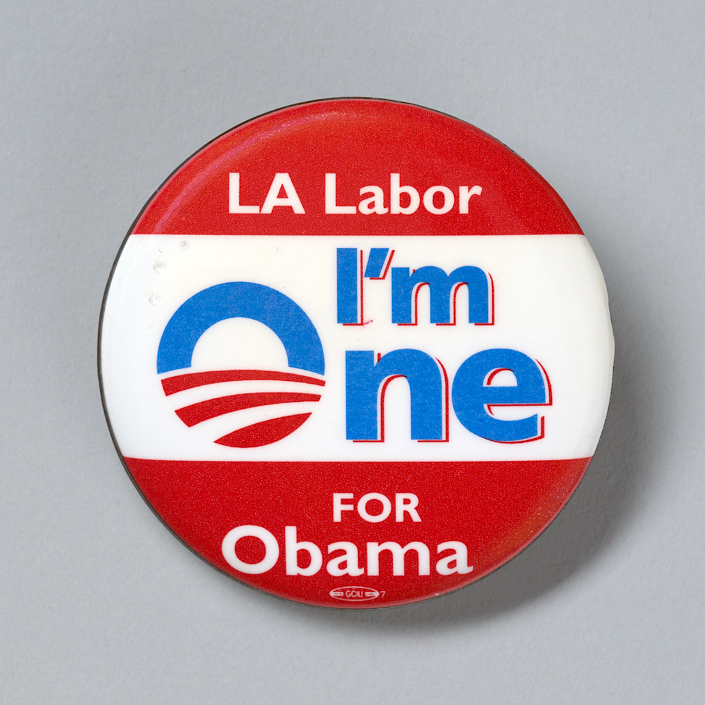 A red, white, and blue button that states “LA Labor for Obama” and “I’m One” with the Obama campaign logo