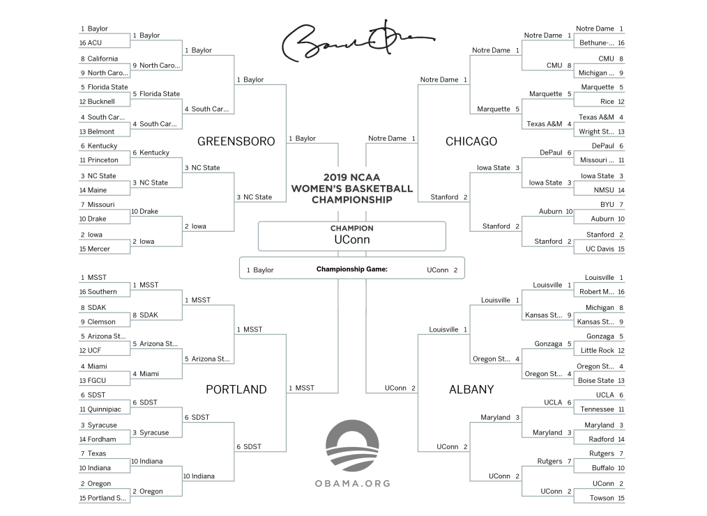 Women's tournament brackets handwritten by President Obama, with University of Connecticut selected as national champions.