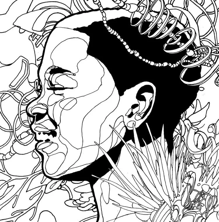 A continuos line, black and white, side profile drawing of a young boy. His hair is short and a side of it is in the shadows. The boy is smiling. He is surrounded by different floral patterns and objects.