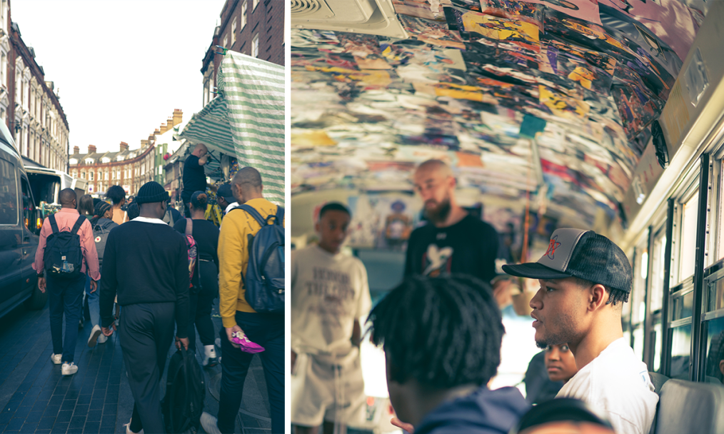 A two-photo collage. The photo on the left-hand side of the collage is of a group of individuals of a variety of skin tones walking down a tight street with buildings on each side. The photo on the right-hand side of the collage is of a group of young men with a variety of skin tones sitting on a bus that has different colorful photos that create a collage on the ceiling. 