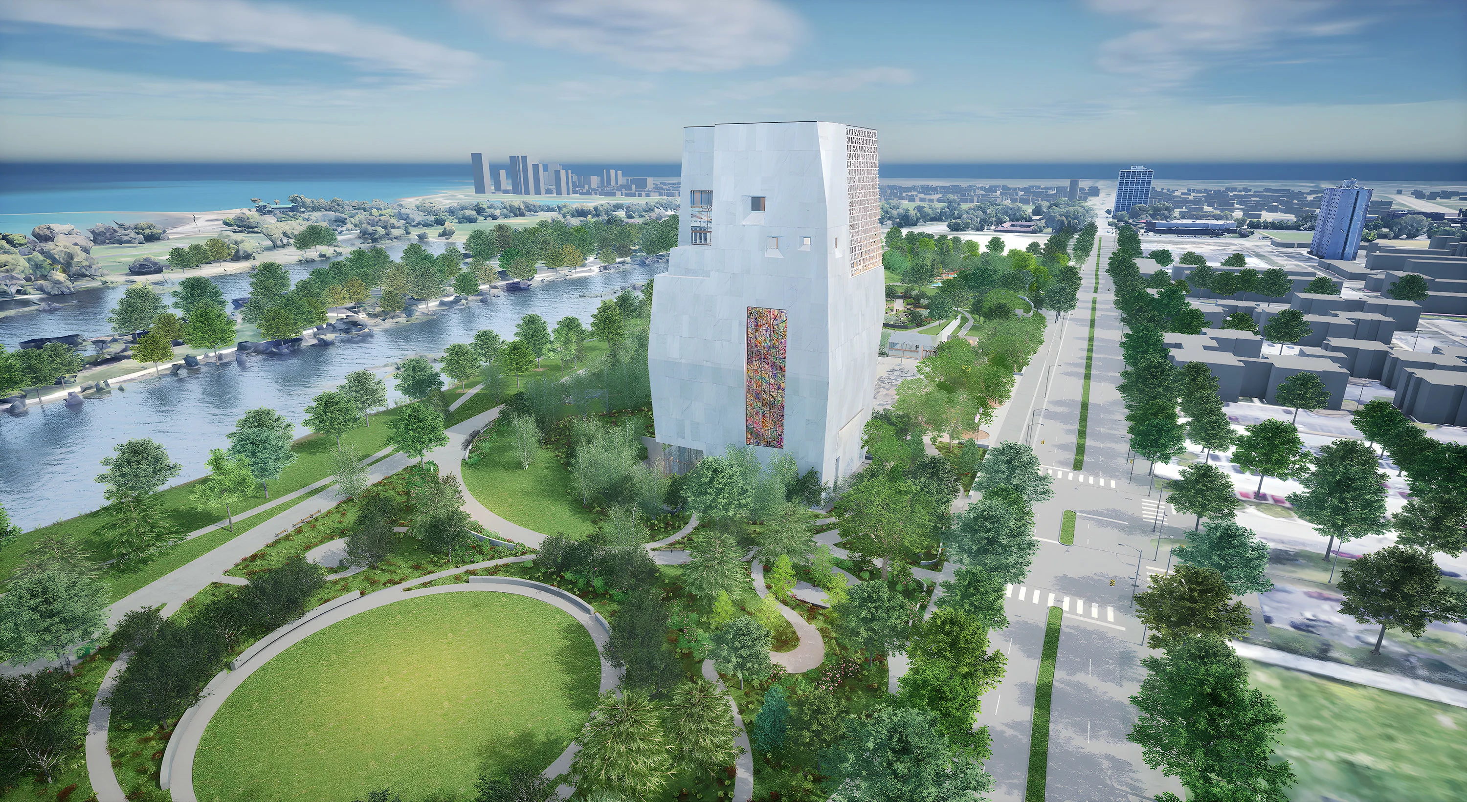 A digital rendering of the Obama Presidential Center Museum Building. A tall building with large painted-glass window stands amid green spaces and pathways. On one side are city streets and on the other is a lagoon. In the background is a city skyline.