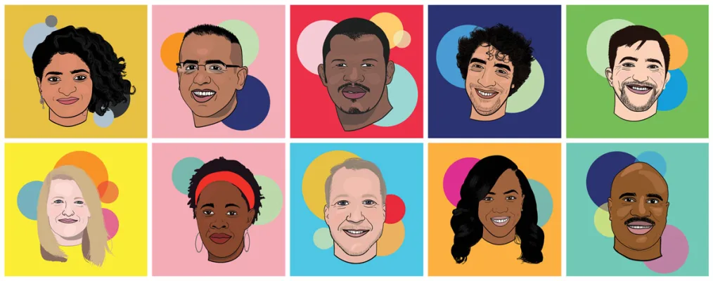 Colorful illustrations of the 2018 Obama Foundation Fellows are displayed in a grid layout.