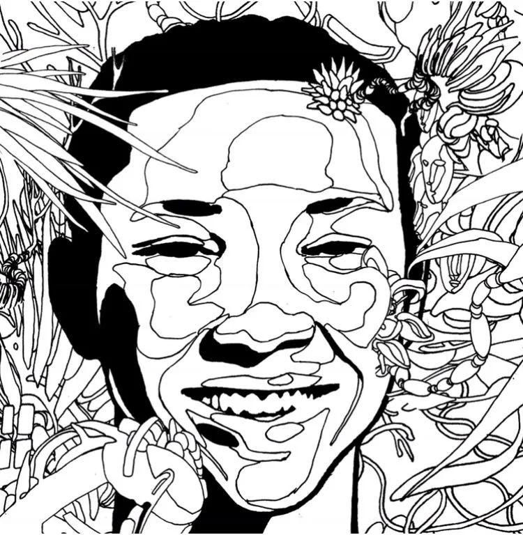 A black and white portrait of a young boy(could be President Obama)* with short black hair surrounded by flowers, masked creatures, leaves, and rainforest atomosphere.