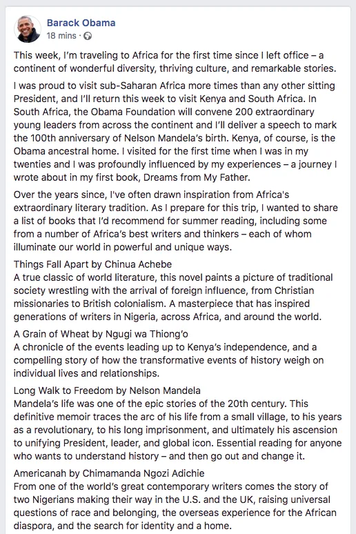 President Obama makes a descriptive post on Facebook talking about Africa and his endevours there.