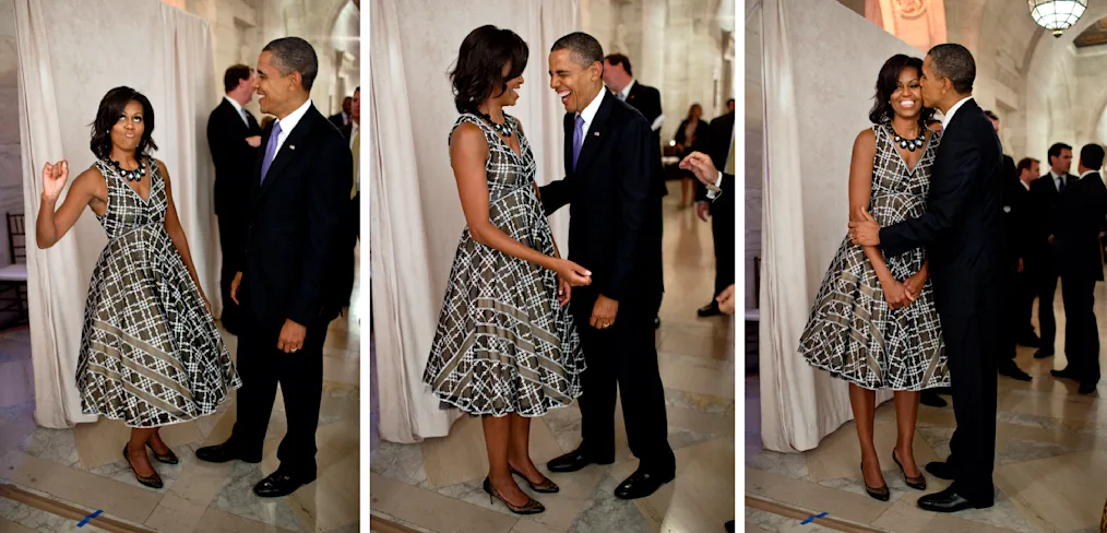 ‘A three-photo stitch of President and Mrs. Obama embracing one another. In one of the photos President Obama kisses Mrs. Obama’s cheek. 