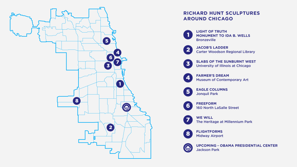 A map depicting the city of Chicago with select Richard Hunt sculptures labeled.