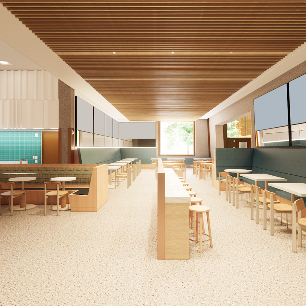 A rending of the dining area at the Obama Presidential Center. 
The room features beige decor and light wooden tables and chairs and a line of blue wall booths. 