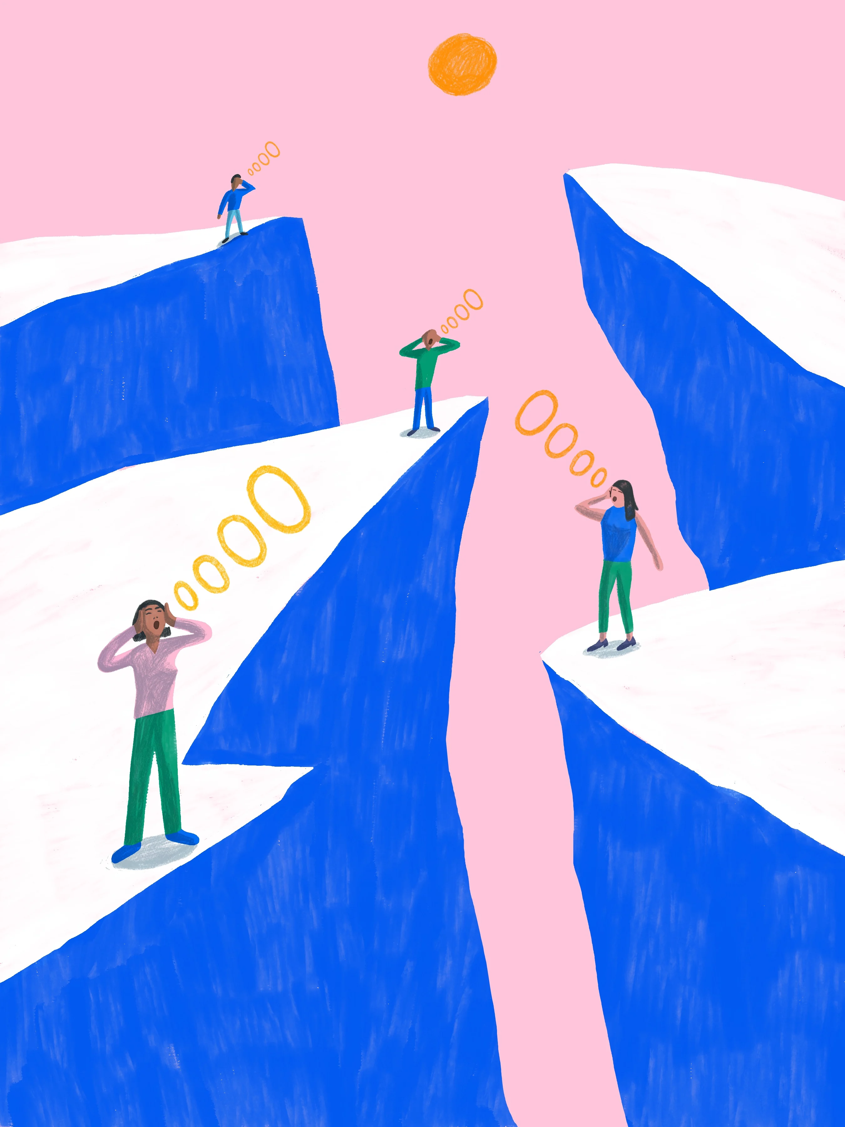 An illustration of four people with a range of light to deep skin tones yelling from four mountain tops. Each are echoing towards the sun in the center. The background is pink. 