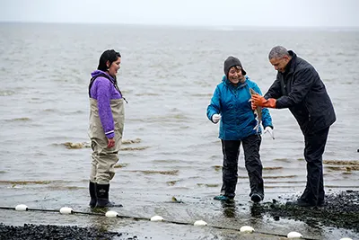 President Barack Obama wearing a black jacket and black pants stands in the water holding a fish with orange rubber gloves. There are two women with light skin tones standing in the water with President Obama. The woman in the middle of the photo is wearing a gray hat, a blue jacket, and black pants. Another woman on the left-hand side of the photo is wearing a purple jacket and a khaki jumpsuit. 