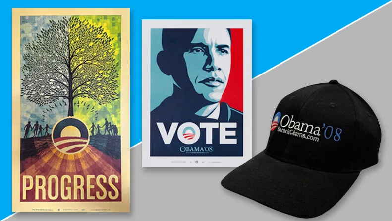 An image compilation of a blue, green. and brown poster with a tree, Obama rising sun logo, and "progress", a red, white, and blue Obama '08 campaign poster, black Obama '08 legacy campaign hat