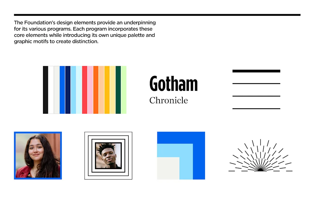 A visual explanation of The Obama Foundation brand motif featuring lines, color, font, and symbols.