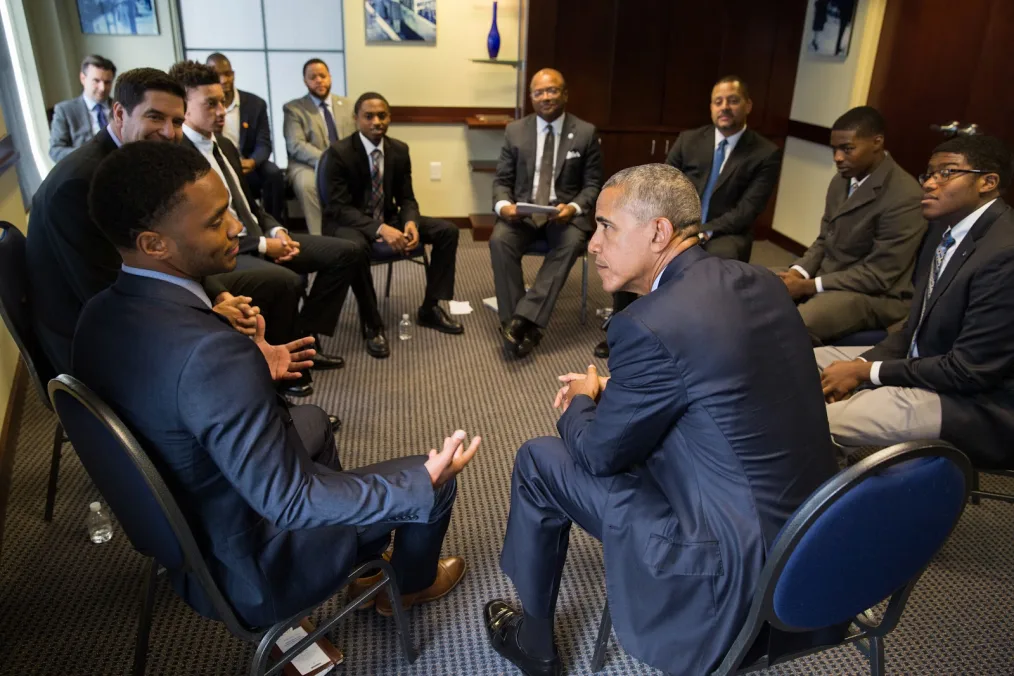 President Barack Obama meets with students prior to a My Brother's Keeper initiative town hall