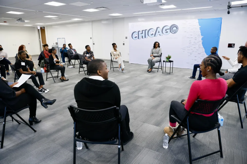 Mrs. Obama meets with Hyde Park Academy students at the Obama Foundation office in Chicago, IL on December 3, 2021.