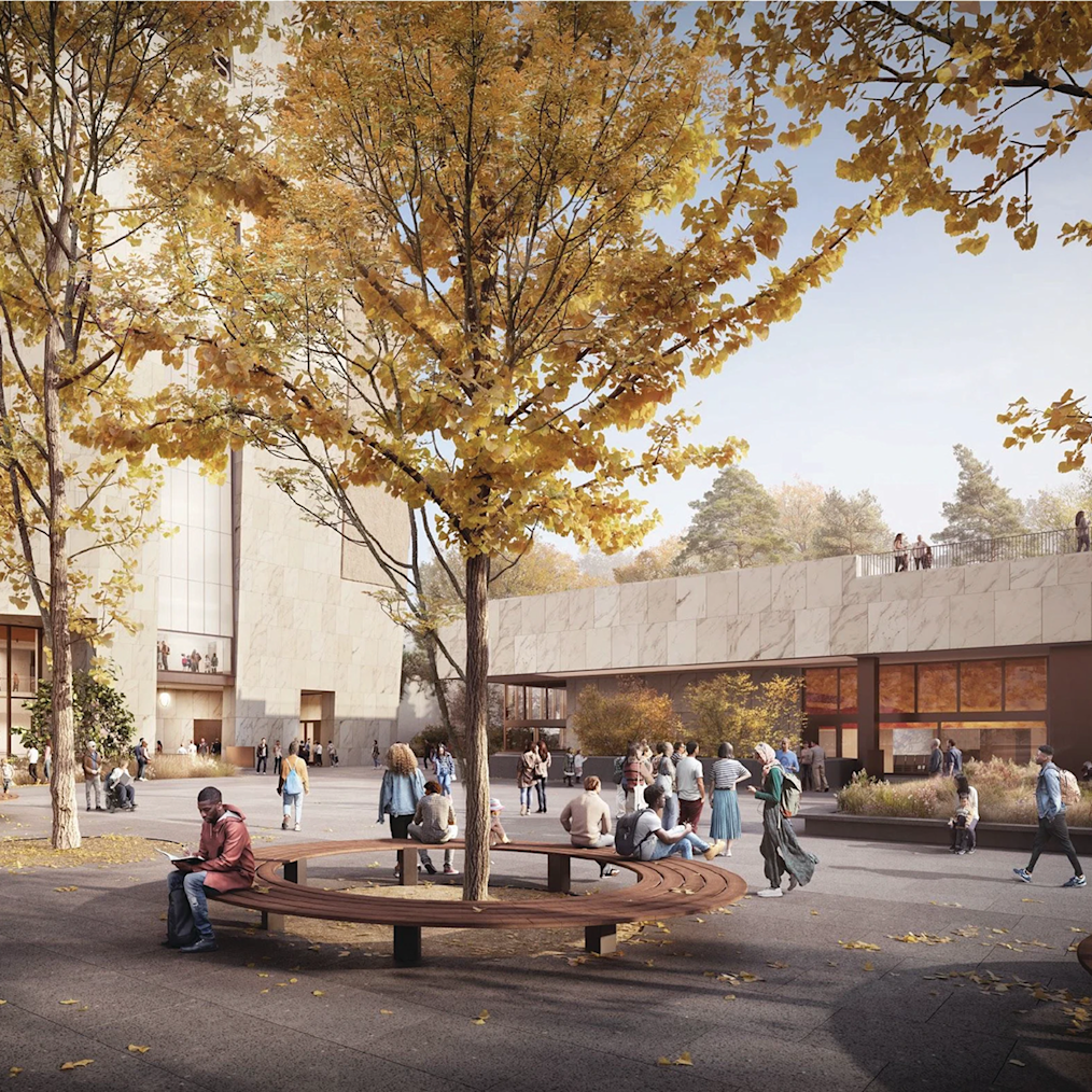A rendering of a person sitting on a bench as people of all ages and skin tones walk on the John Lewis Plaza at the Obama Presidential Center. Behind the Plaza is the Forum Building. 
