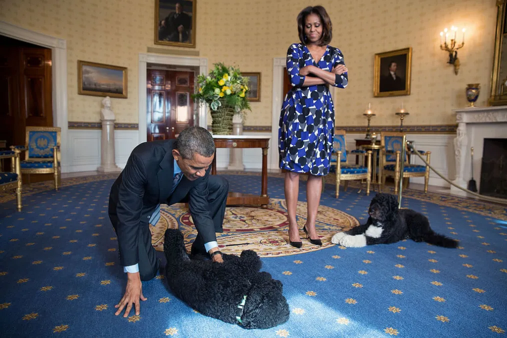 President Barack Obama and First Lady Michelle Obama, joined by family pets Sunny and Bo