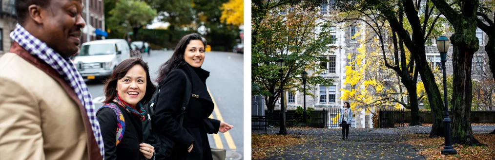 A collage photo of two woman with a neutral skin tone walking with a man with a medium brown skin tone, other photo show the woman walking through trees with falling leaves 