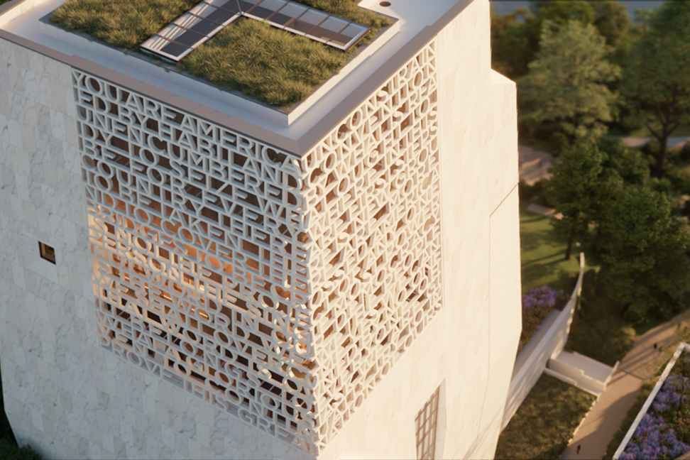 An aerial rendering of the Obama Presidential Center Museum Building. It is daylight in the picture. Below the building are several green trees. 