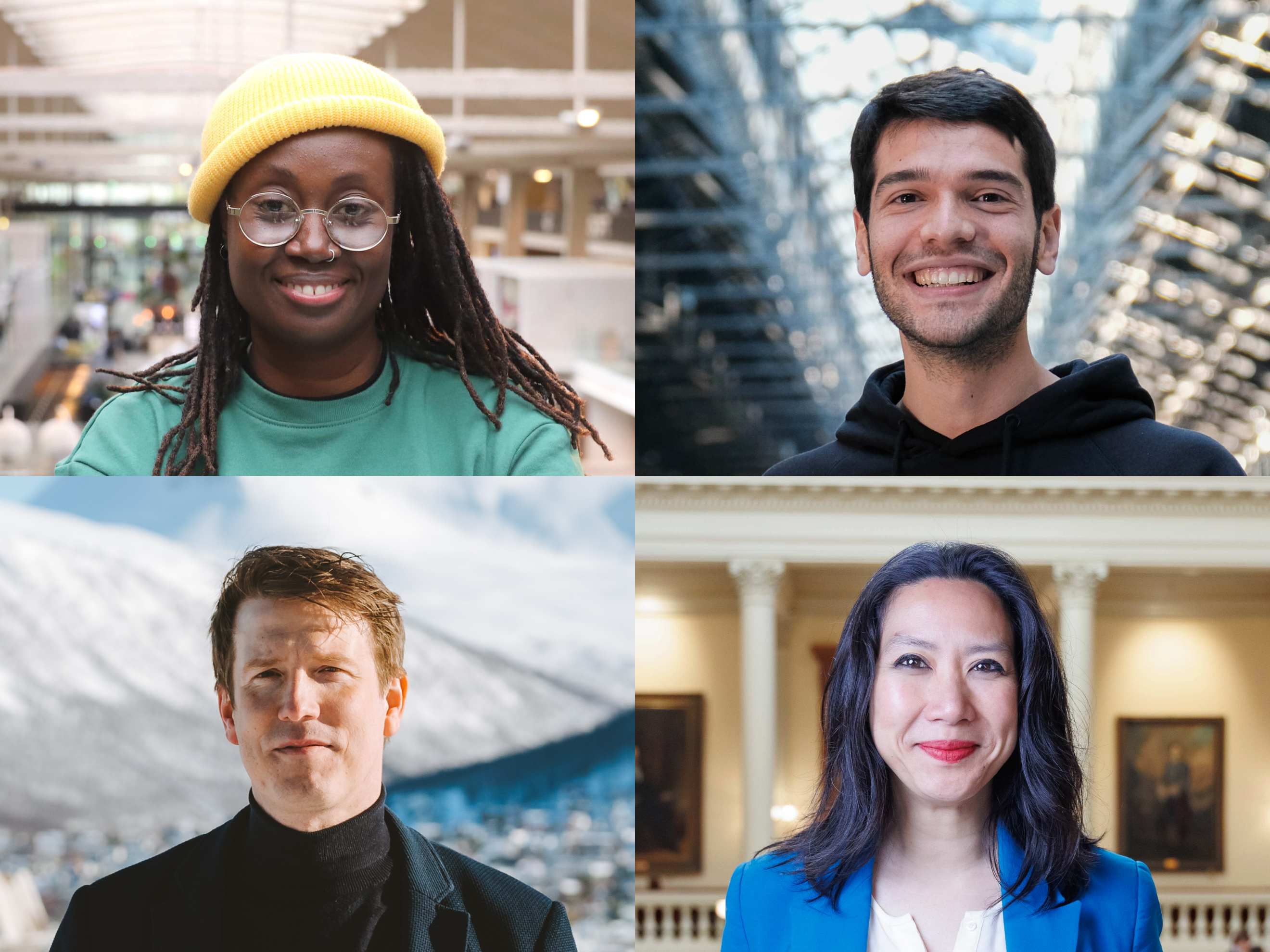 This image shows four individuals, each captured in a close-up portrait. The first is a woman with a dark skin tone, wearing a yellow beanie, glasses, and a green sweatshirt with the words "Fresh Afrika." Next is a man with a light skin tone, dark hair, and a broad smile wearing a black hoodie. Next a woman with a light skin tone holds a closed lip smile. She is wearing a blue blazer and white top, with salt and pepper shoulder length hair and is wearing burnt orange lipstick. Last is a man with light skin, brown hair, wearing a black turtleneck and dark jacket, standing outdoors in a setting with snow and mountains in the background.