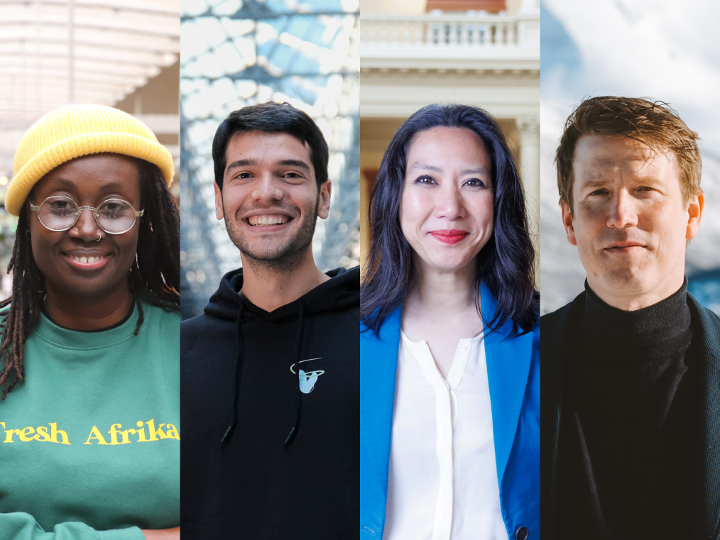 This image shows four individuals, each captured in a close-up portrait. The first is a woman with a dark skin tone, wearing a yellow beanie, glasses, and a green sweatshirt with the words "Fresh Afrika." Next is a man with a light skin tone, dark hair, and a broad smile wearing a black hoodie. Next a woman with a light skin tone holds a closed lip smile. She is wearing a blue blazer and white top, with salt and pepper shoulder length hair and is wearing burnt orange lipstick. Last is a man with light skin, brown hair, wearing a black turtleneck and dark jacket, standing outdoors in a setting with snow and mountains in the background.