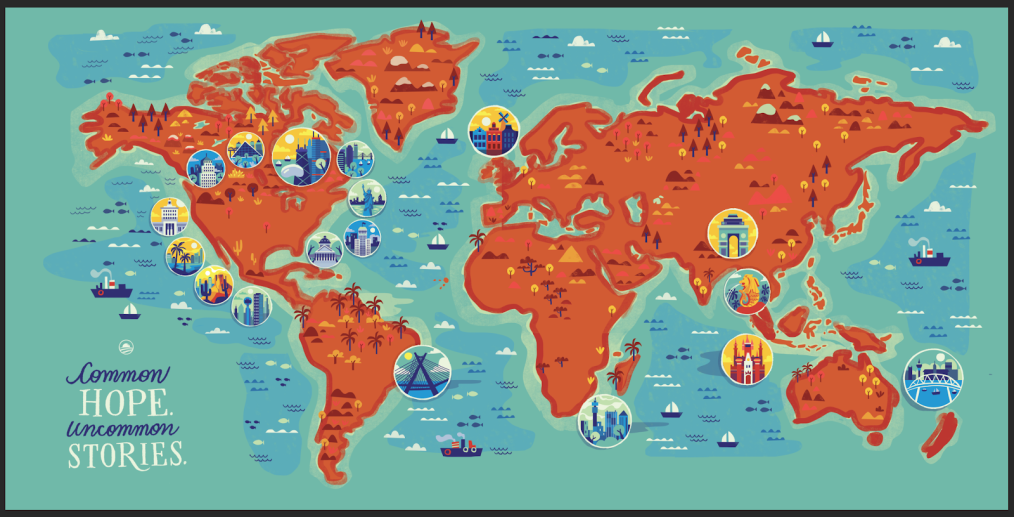 A blue and orange map of the world with various cities showing key landmarks in circles. The words "Common Hope. Uncommon Stories" are in the lower left.