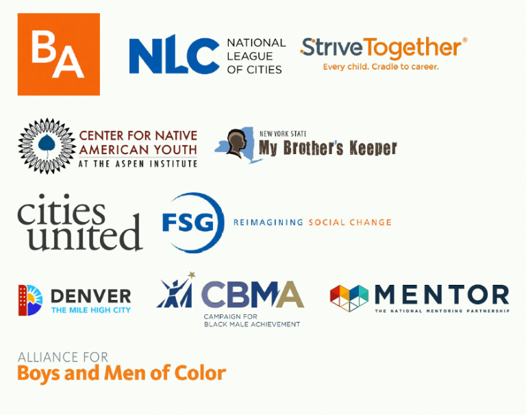 An assorment of the Obama Foundations partners on a light background. The partners have their logos. The partners with their names in their logo are: "National League of Cities, Strive Together, Center of Native American Youth, New York State - My Brothers Keeper, Citites United, Denver The Mile High City, Campaign For Black Male Achievement, Mentor, and Alliance For Boys and Men of Color.